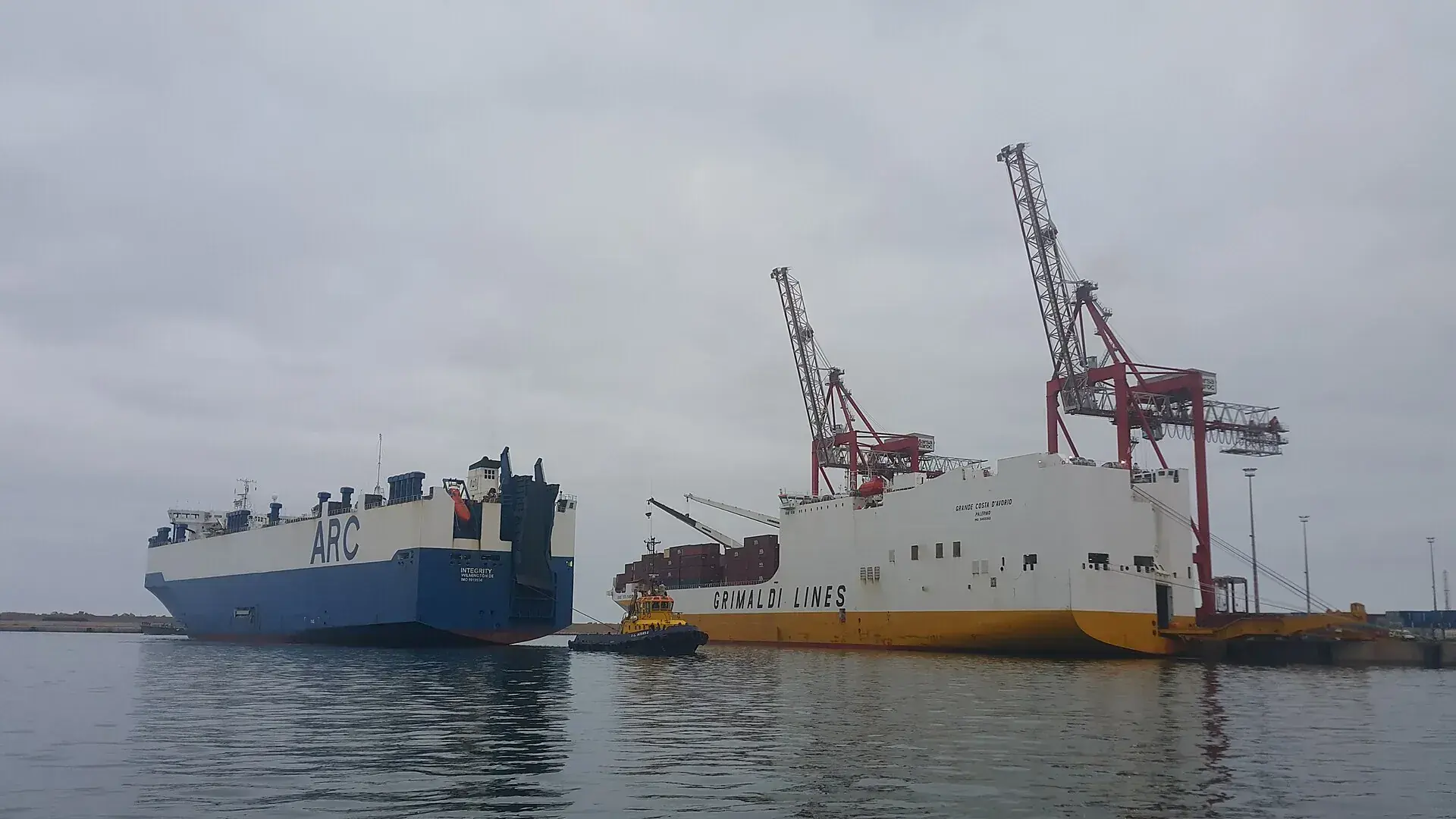 Two car carrier vessels berthed side by side at a working port.