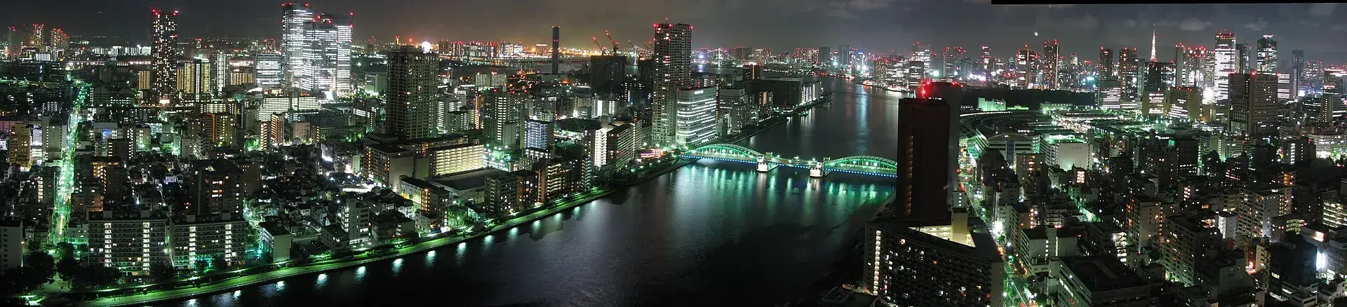 Panoramic night view across the Tokyo skyline seen from above.